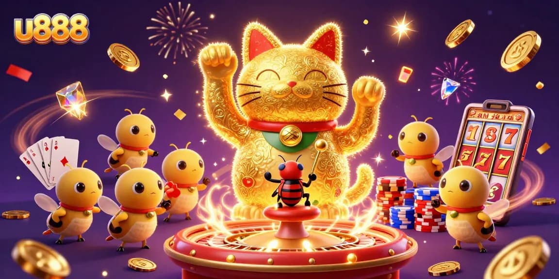 Experience exciting gaming at u888 with a lucky cat surrounded by shimmering casino symbols.