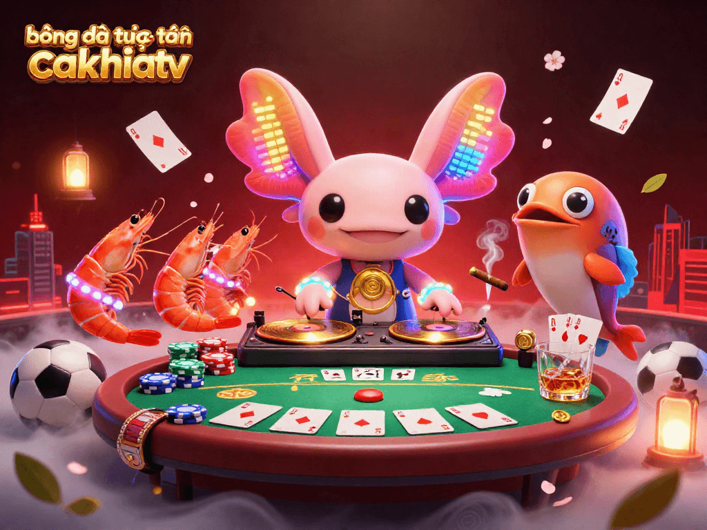 bóng đá trực tuyến cakhiatv showcases a vibrant 3D scene with animated axolotl DJ and exciting betting elements.