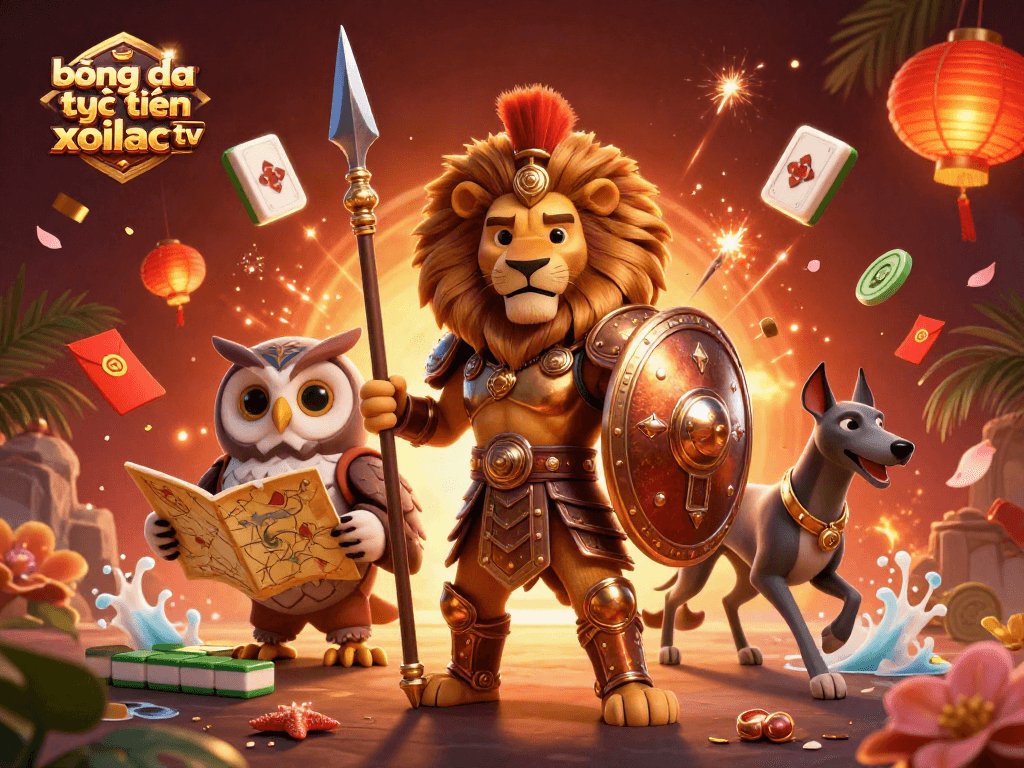 Bet on bóng đá trực tuyến xoilac tv with a vibrant 3D casino scene featuring strategic characters.