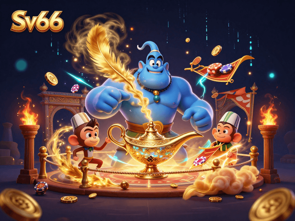 Experience Sv66 with a blue genie and monkey in a vibrant, gambling-themed illustration.