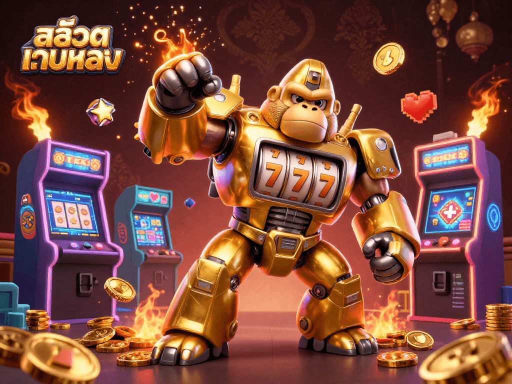 Engage with สล็อตเว็บตรง through an action-packed scene featuring a golden gorilla mech and arcade gaming elements.