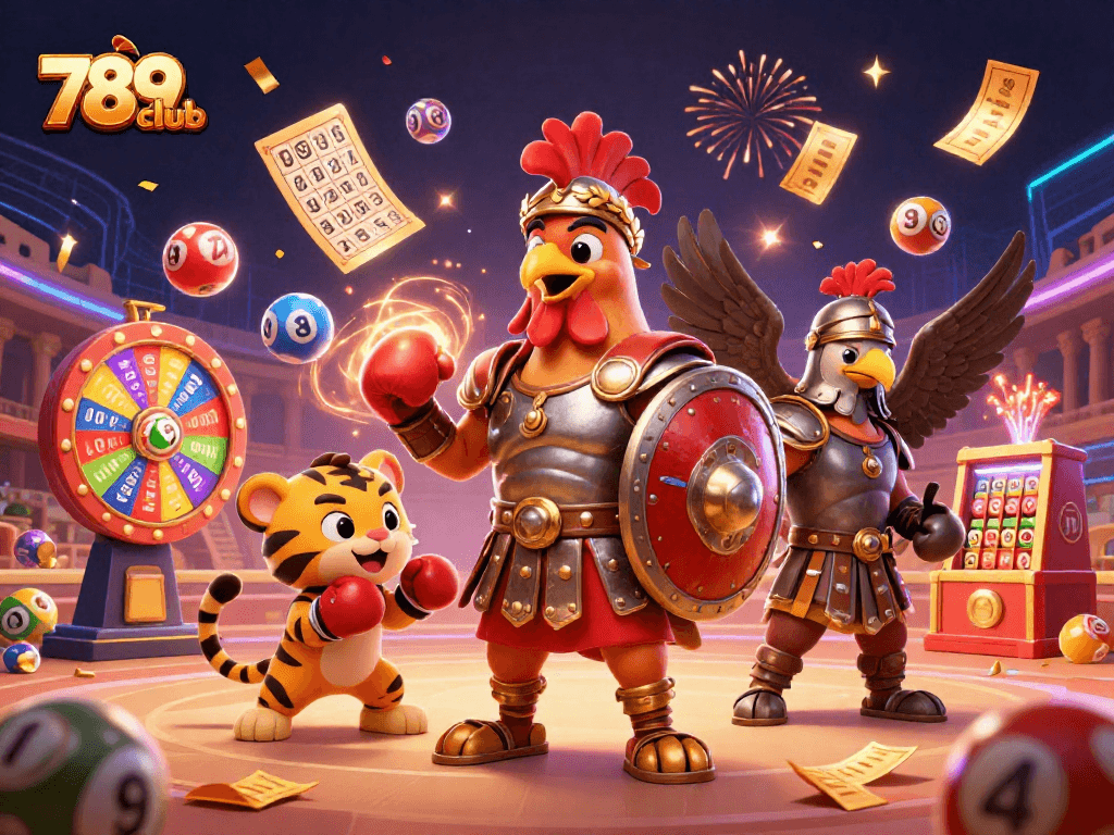 Engage with 789club's thrilling lottery scene featuring a rooster in armor amidst sparkling game elements.