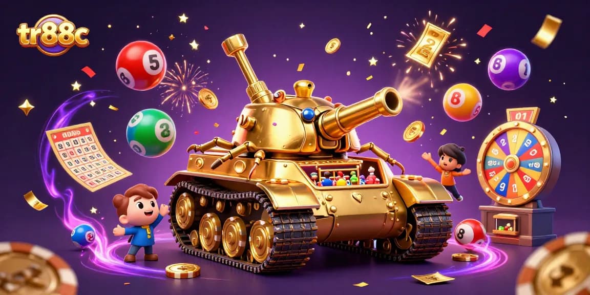 Engage in thrilling gameplay with tr88c's colorful casino-themed illustration featuring lottery balls and confetti.