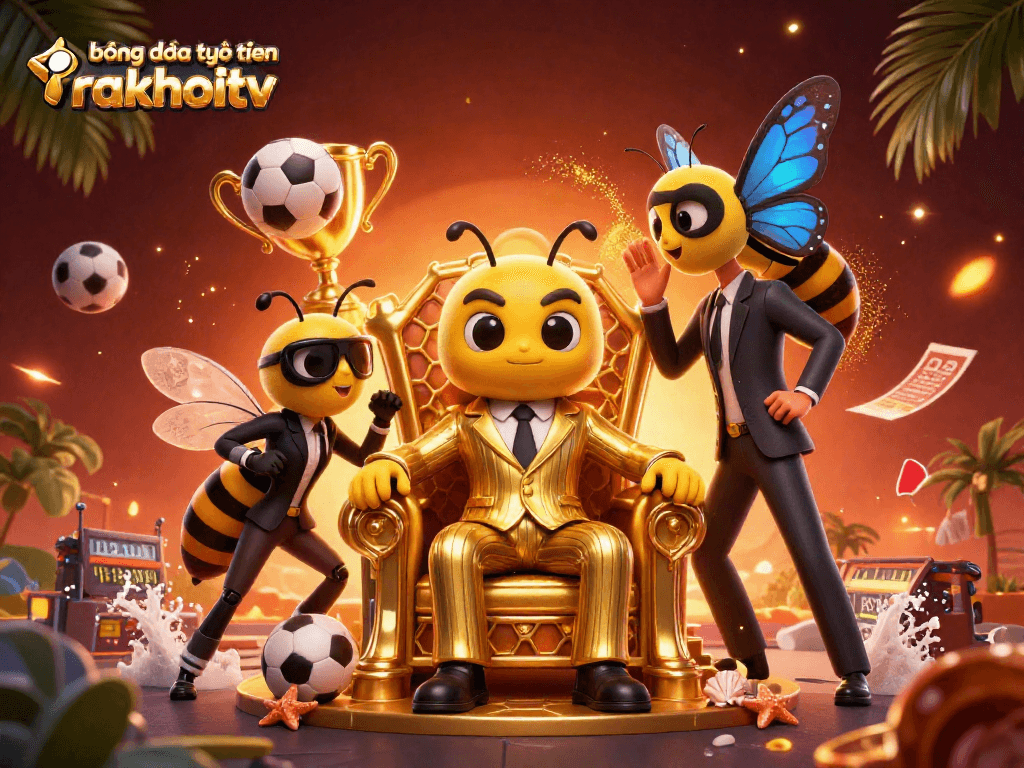 Bóng đá trực tuyến rakhoitv showcases a lively 3D casino scene with sports betting elements, featuring a bumblebee mob boss.