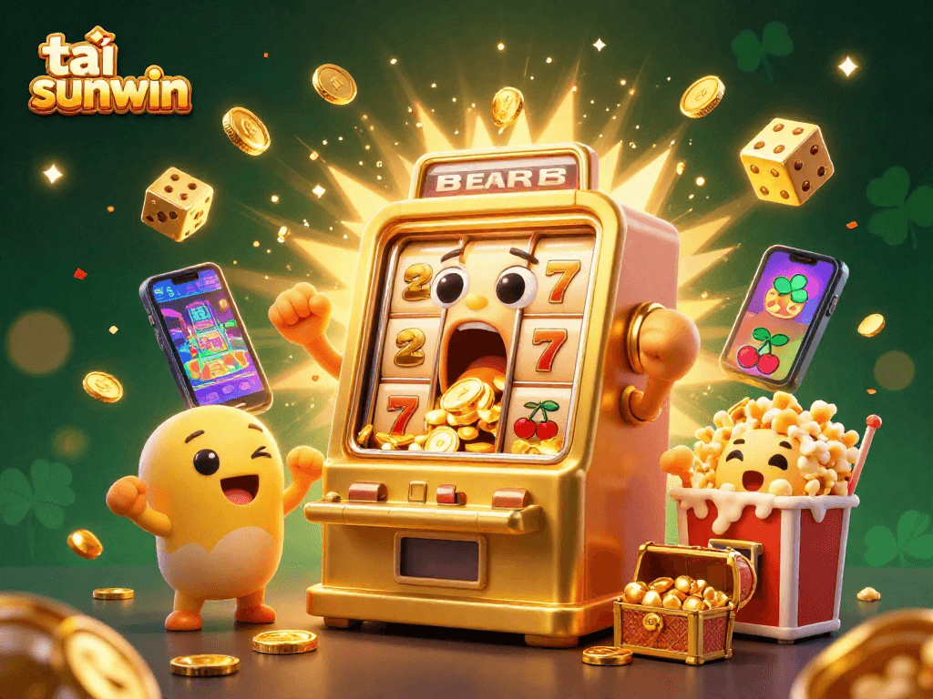 Exciting scene of a golden slot machine hitting its jackpot while celebrating, perfect for tải sunwin enthusiasts.