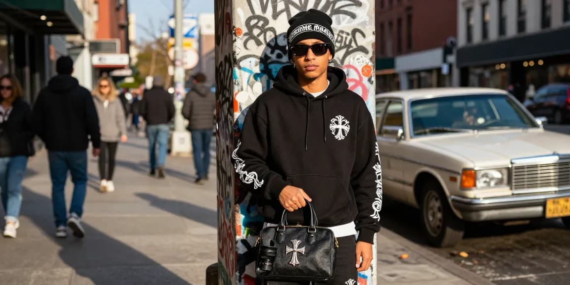 Stylish individual in Chrome Hearts hoodie and sunglasses, showcasing luxury street fashion in urban setting.