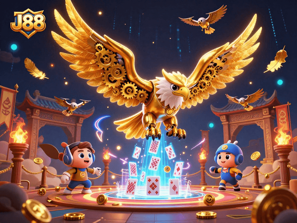 Experience J88's vibrant gambling scene featuring a dynamic golden eagle amidst swirling holographic cards.