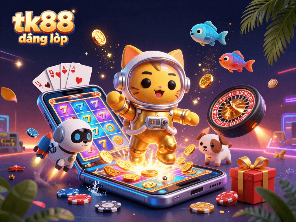 Experience thrilling gaming with tk88 đăng nhập, showcasing vibrant slot games and dynamic characters.