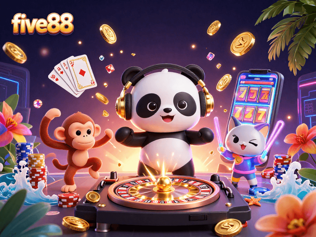 Experience the vibrant joy of five88 through a dynamic 3D illustration with lively characters and exciting casino elements.