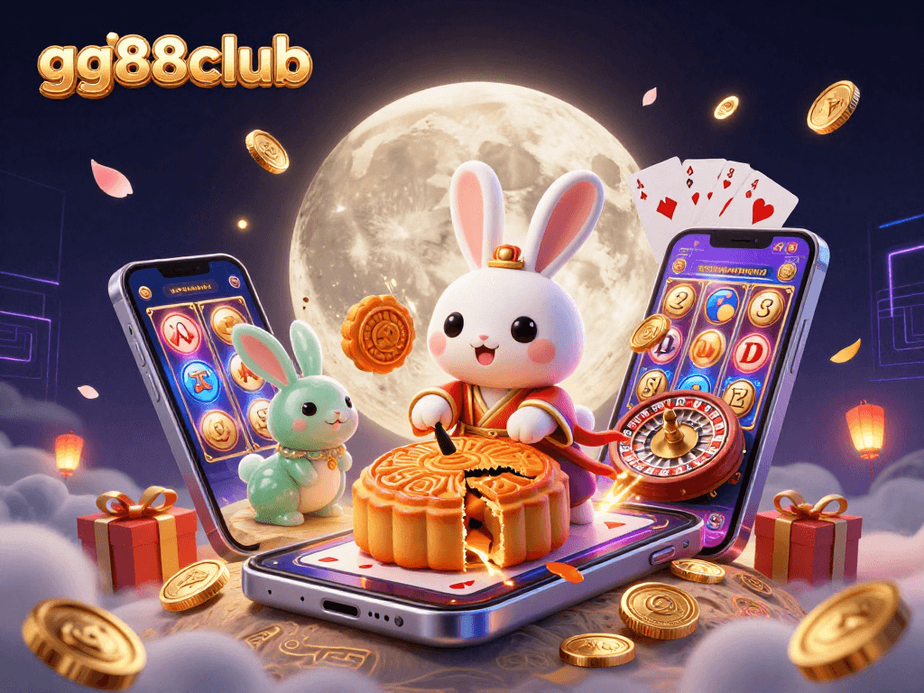 Engage with exciting gaming at gg88club, featuring a moon rabbit and poker chips amidst vibrant casino elements.