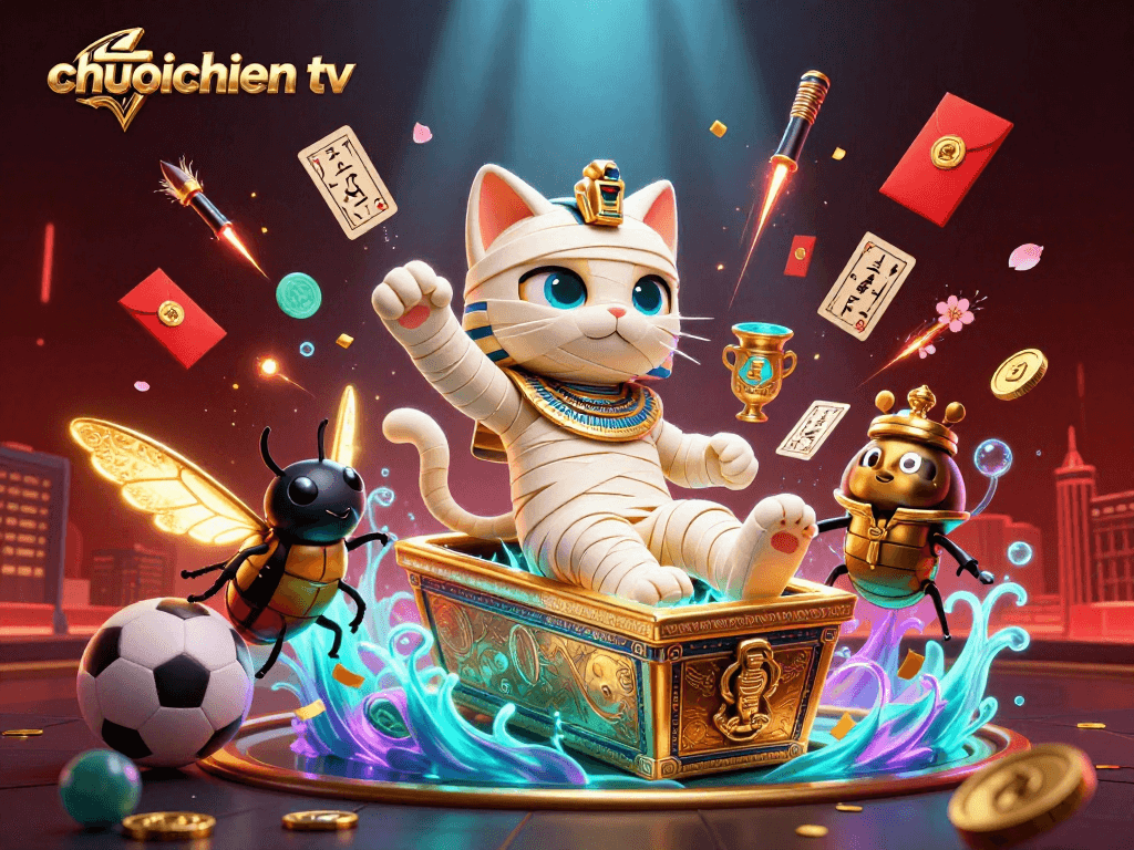 Experience thrilling sports betting action with chuoichien tv, featuring mummy cat in a dynamic pyramid casino scene.