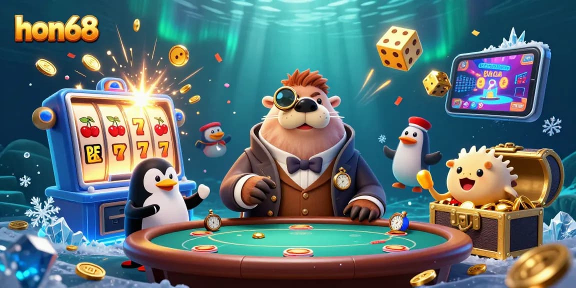 Join the fun at hon68's exciting underwater casino scene with a jolly walrus, penguin dealer, and pufferfish betting.