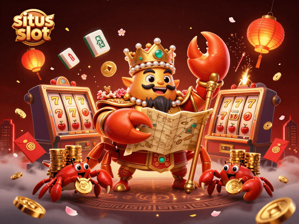 Engage with situs slot through a vibrant 3D casino scene featuring a crab emperor and rich game elements.