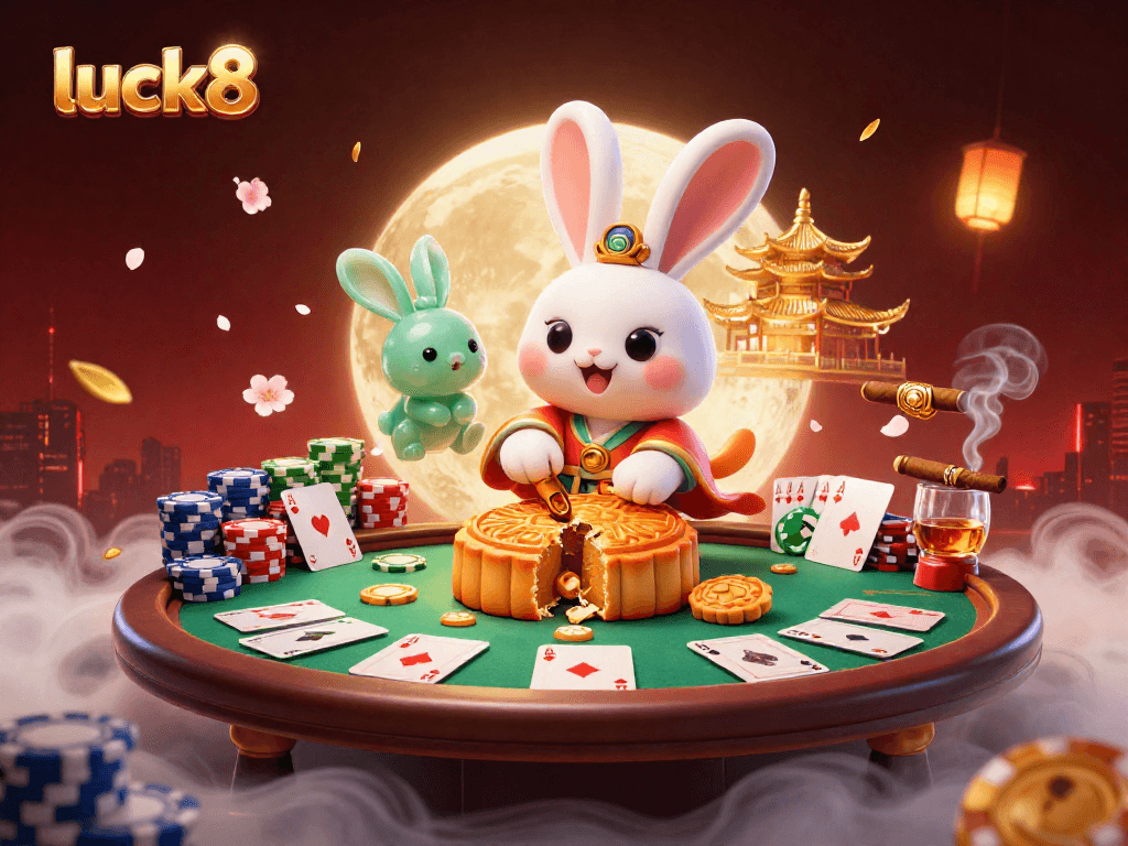 Luck8 brings luck and excitement with a vibrant casino moon scene featuring cartoon characters gambling.
