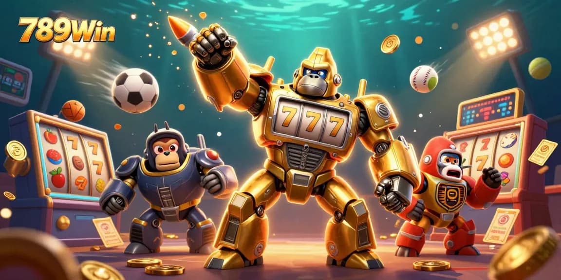 Join the exhilarating gameplay with 789Win, featuring a dynamic 3D golden gorilla mech amidst vibrant slot and sports elements.