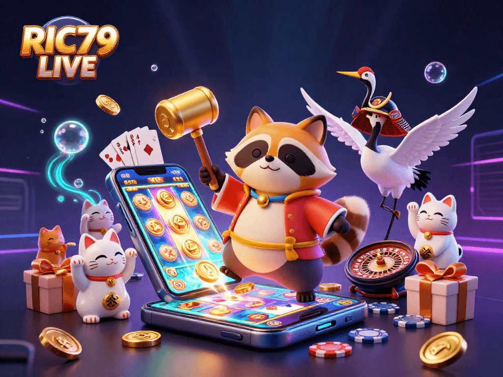Play exciting games at RIC79 LIVE featuring colorful characters, dynamic elements, and rich casino vibes.