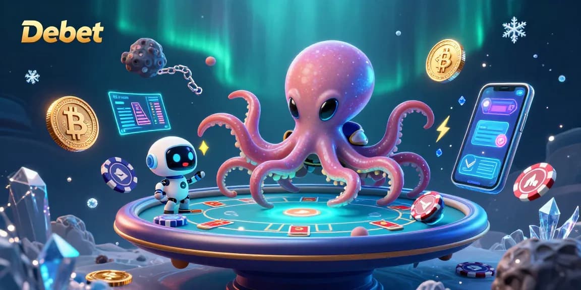 Engage in thrilling poker at Debet's vibrant casino with an alien octopus and robot.