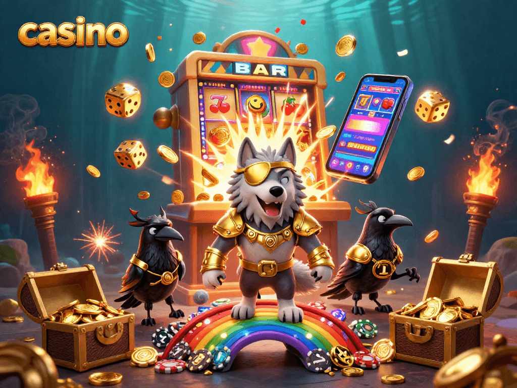 Experience excitement at the casino with a 3D illustration of Odin and his ravens amidst a jackpot explosion.