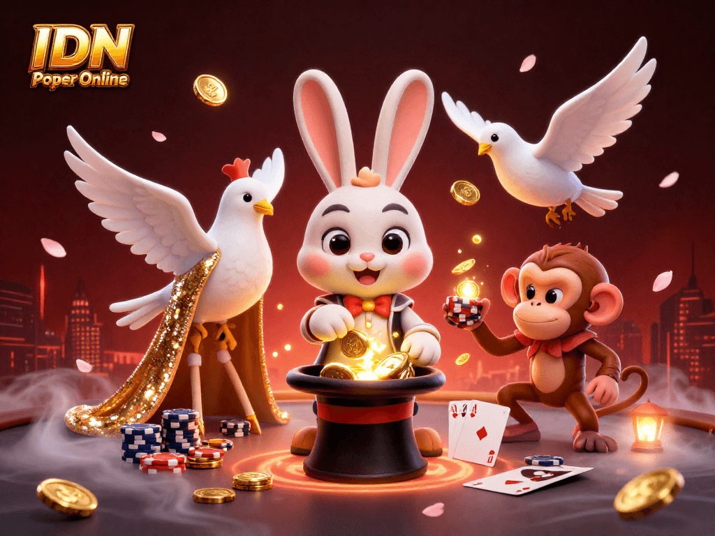 Engaging scene of IDN Poker Online with a magician rabbit, sequined dove, and monkey amidst poker elements.