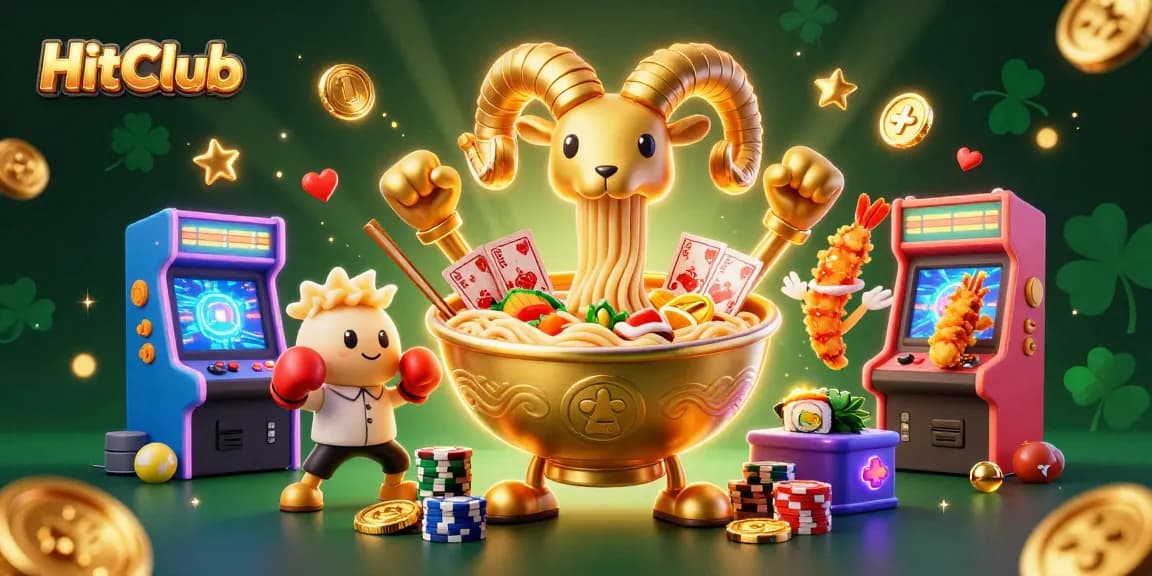 HitClub showcases thrilling action with a giant golden ramen bowl dealer, colorful casino elements, and neon game vibes.