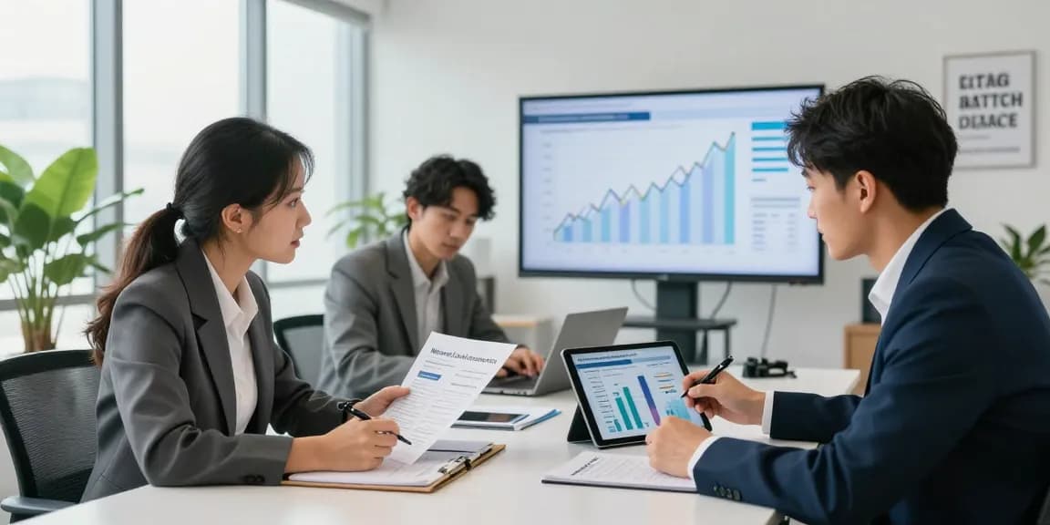 Financial professionals discussing strategies for merchant cash advance companies in a modern office setting.