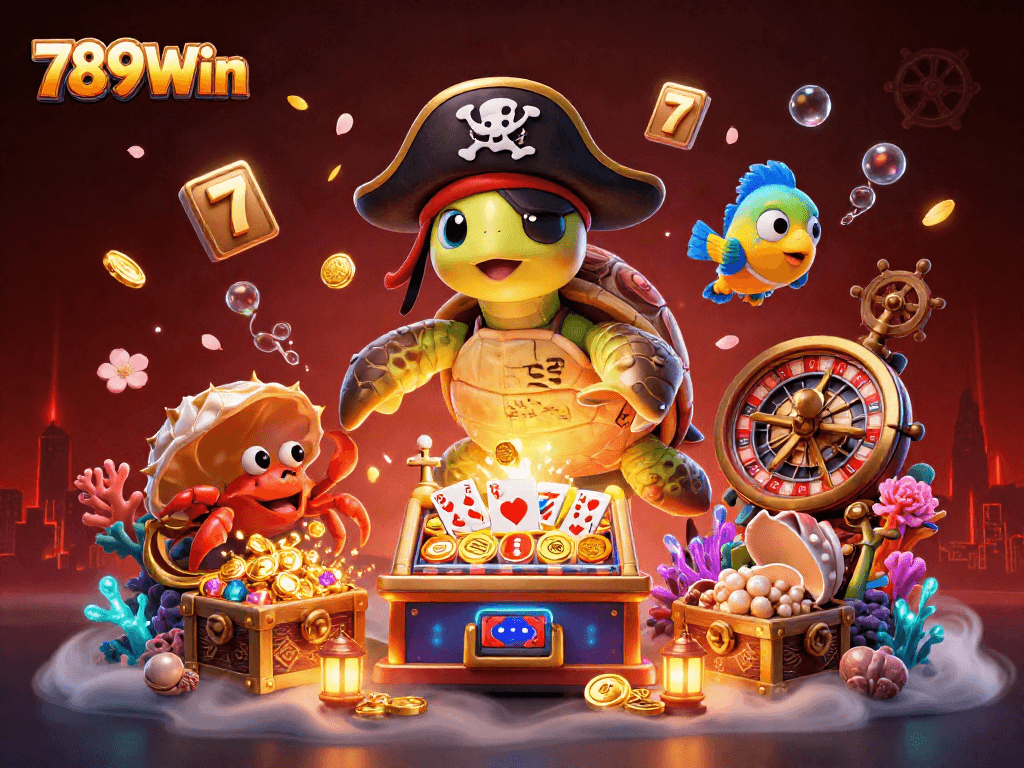 Experience the thrill of 789Win with a pirate turtle in a vibrant casino undersea world.