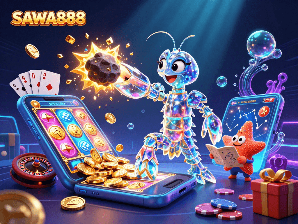 Engage with SAWA888's vibrant 3D casino adventure featuring colorful slot games and shimmering golden rewards.