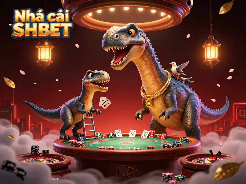 Engage with Nhà cái SHBET at the lively poker scene in a vibrant 3D casino illustration.