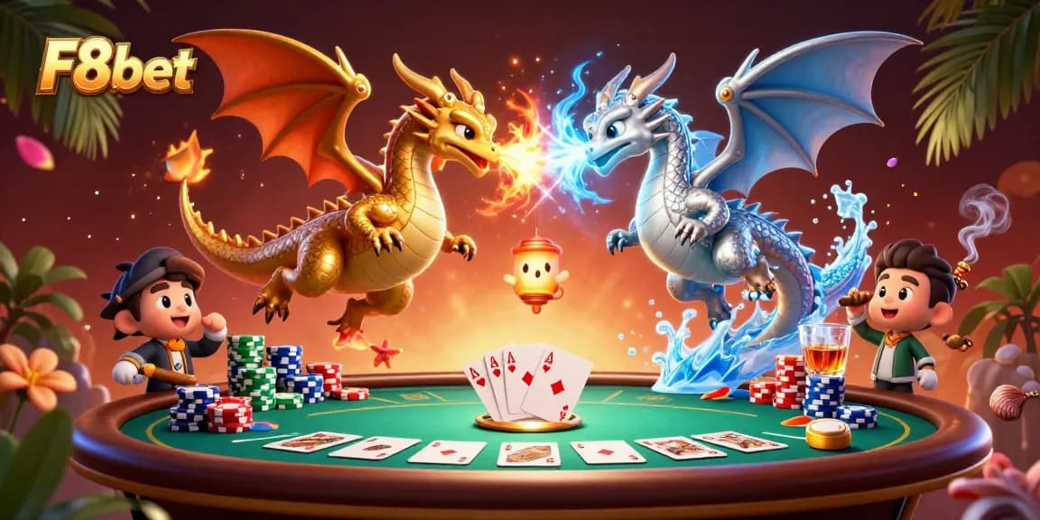 Experience the thrilling F8bet gameplay with 3D dragons and dynamic poker elements in this vibrant illustration.