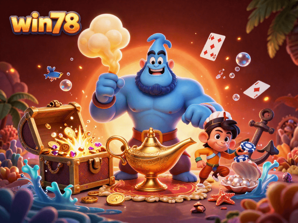 Experience the magic of win78 with a vibrant gaming scene featuring an enchanted genie and poker chips.
