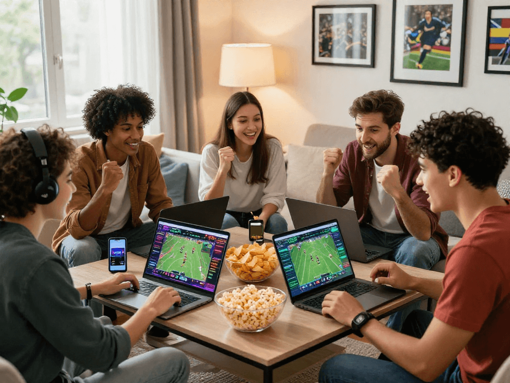 Friends celebrating while engaging in online sports betting on TK999, showcasing vibrant gaming content and a lively atmosphere.