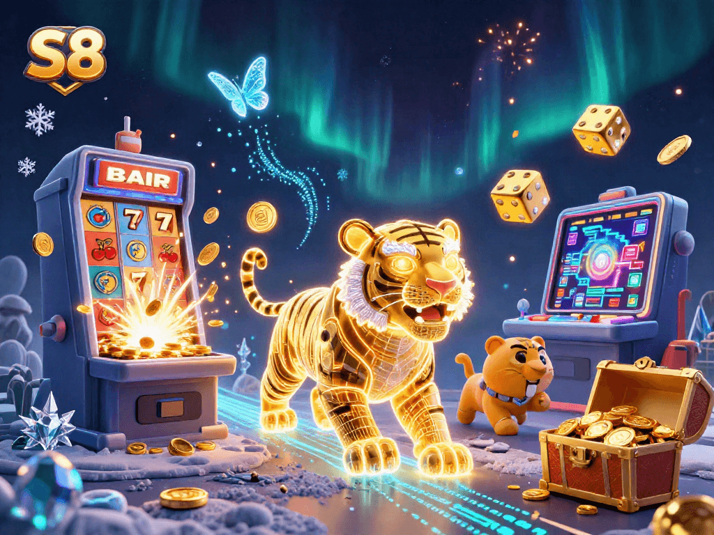 S8 unlocks jackpots in a dazzling casino scene with a radiant golden tiger and slot machine elements.