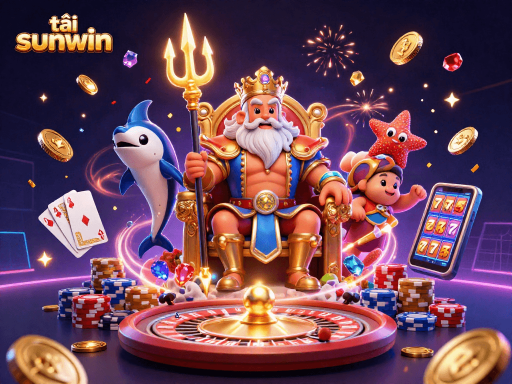 Engage with tải sunwin by entering a vibrant casino scene showcasing Neptune and treasure