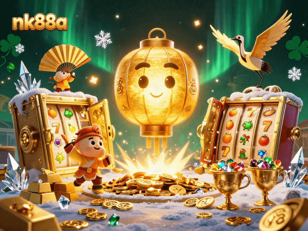 Experience nk88a’s vibrant casino scene with golden lanterns and slot reels bursting with wealth
