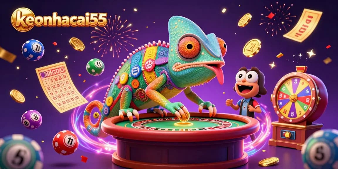 Engage with keonhacai55 in a vibrant casino scene featuring a colorful chameleon owner amidst lottery balls and confetti.