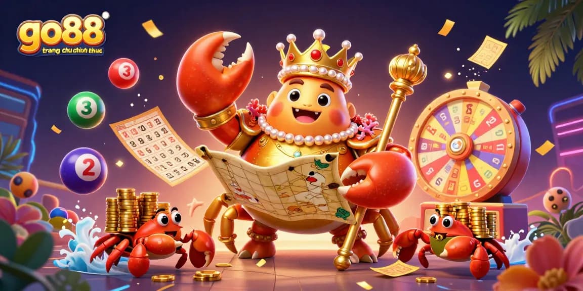Engage in exciting games at go88 trang chu chinh thuc, featuring vibrant lottery elements and energetic crab characters.