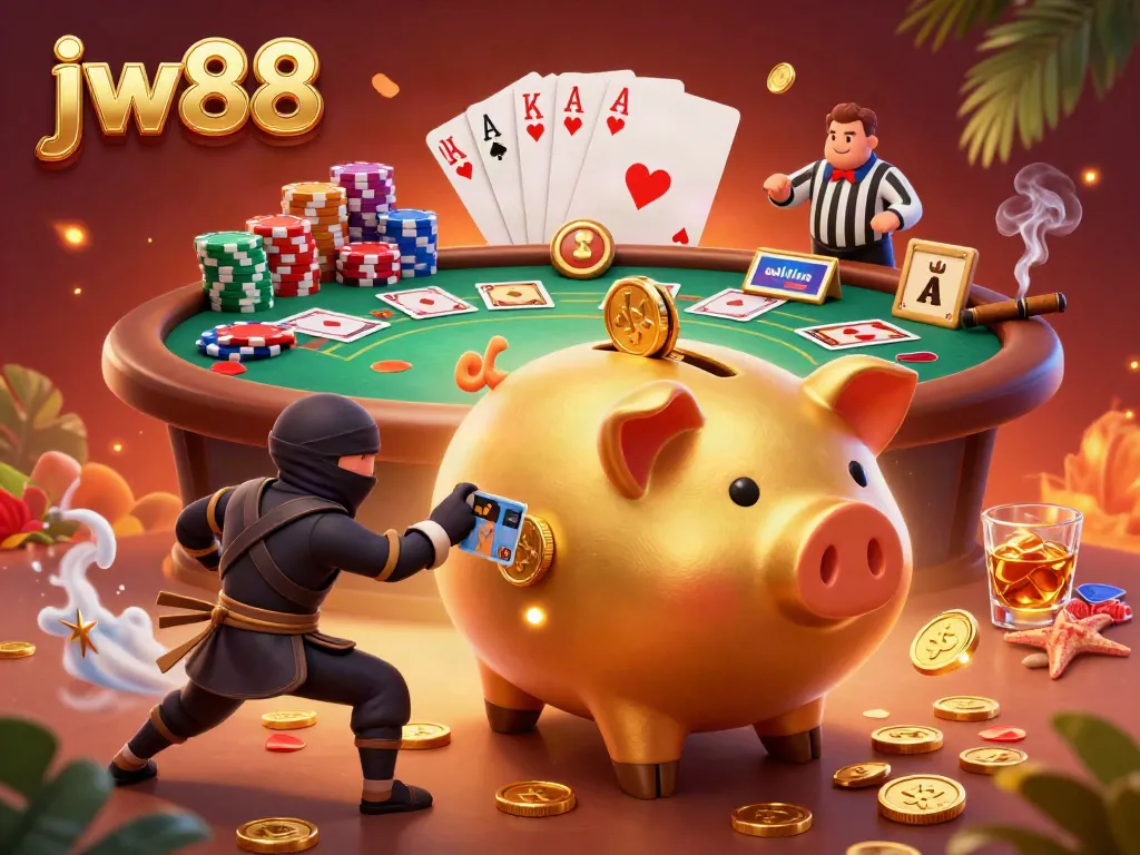 Engage with the lively jw88 gaming atmosphere featuring a golden piggy bank wrestler and colorful poker elements.