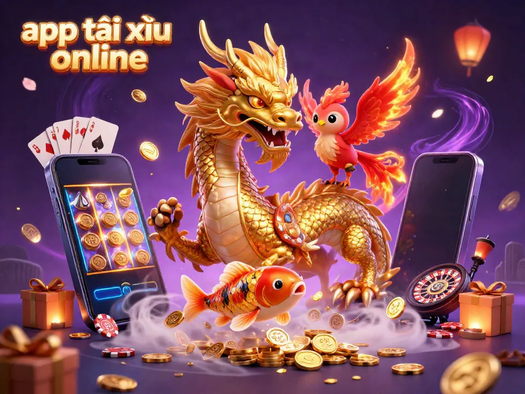 Engage with app tài xỉu online in this vibrant 3D illustration featuring a dragon, phoenix, and koi fish.