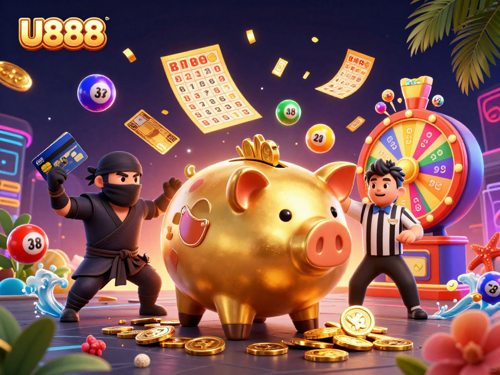 Experience thrilling wins at U888 with a dynamic scene featuring a golden piggy bank, ninja wallet, and samurai referee.