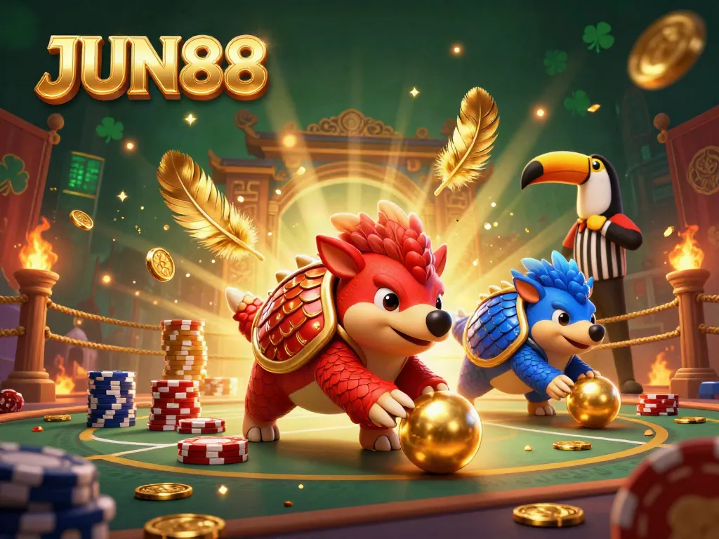 Engage in thrilling gambling action at JUN88, featuring animated pangolins battling in a colorful casino environment.