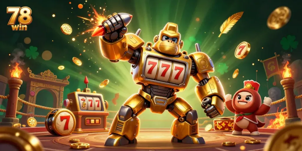 Win big with 78 win's dynamic 3D casino experience featuring a golden gorilla mech.