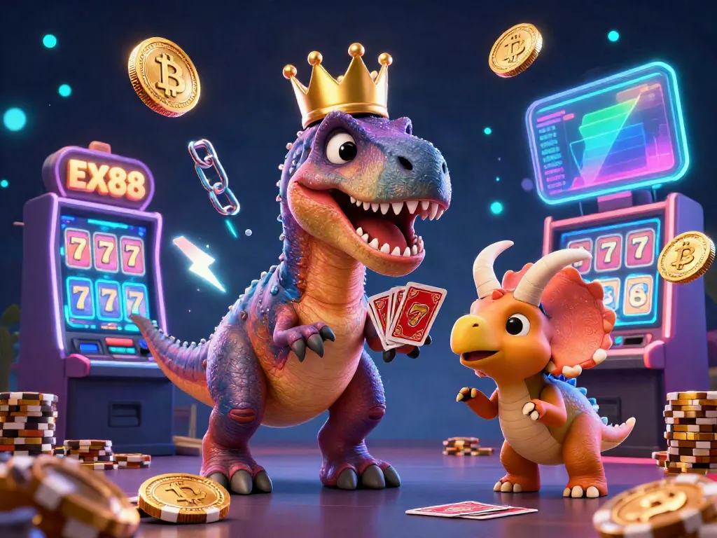 Engage with EX88 casino thrill featuring a crowned T-Rex and playful casino elements.