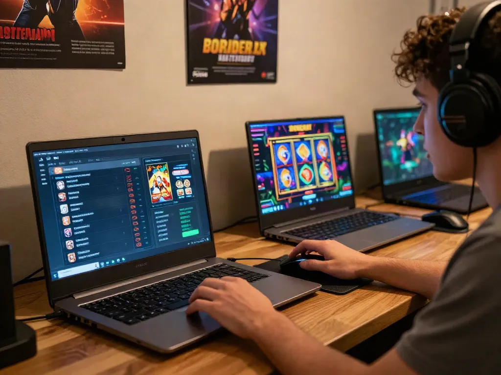Engaged user betting on debet with colorful gaming graphics in a cozy home setting.