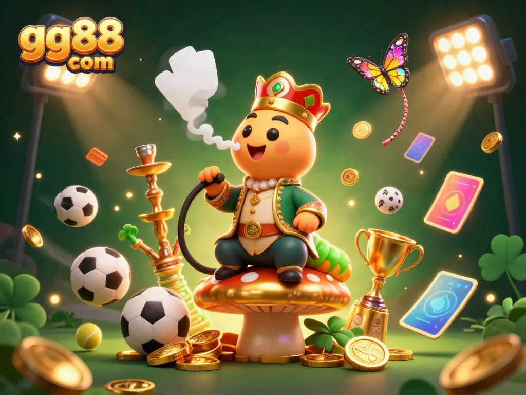Experience gaming excitement at gg88 com with an engaging illustration of a caterpillar hookah-master amidst dynamic sports elements.