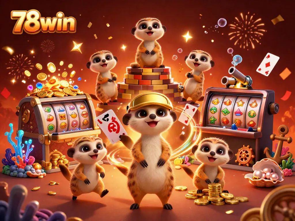 Experience thrilling games at 78win, showcasing a vibrant casino scene with meerkats and slot reels.