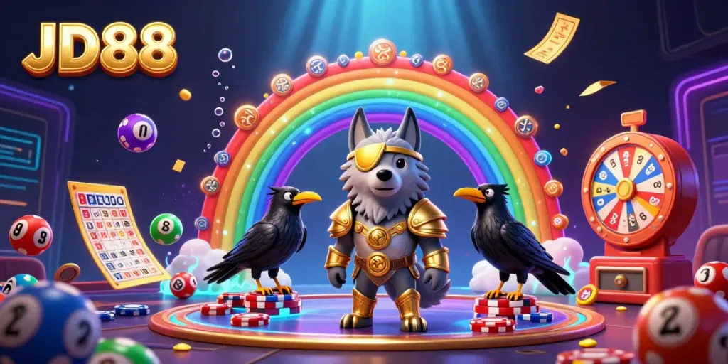 Experience the vibrant casino energy at JD88 with a fantasy scene of Odin and his ravens amidst dynamic gambling elements.