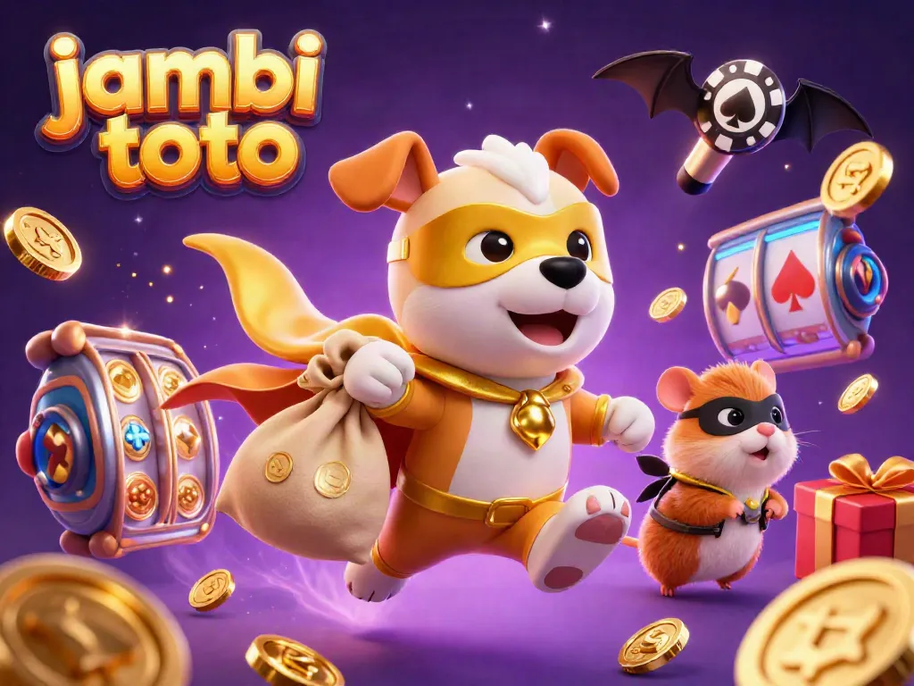 Experience the excitement of jambi toto with a playful scene showcasing a superhero dog and hamster amidst casino elements.