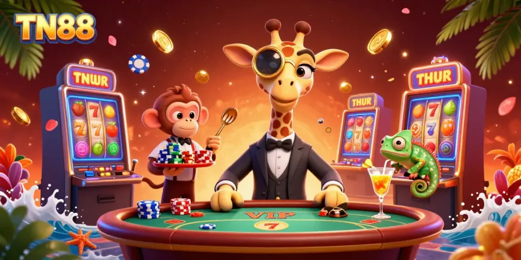 Engage with TN88 at an exciting VIP poker scene illustrated in vibrant colors and intricate details.