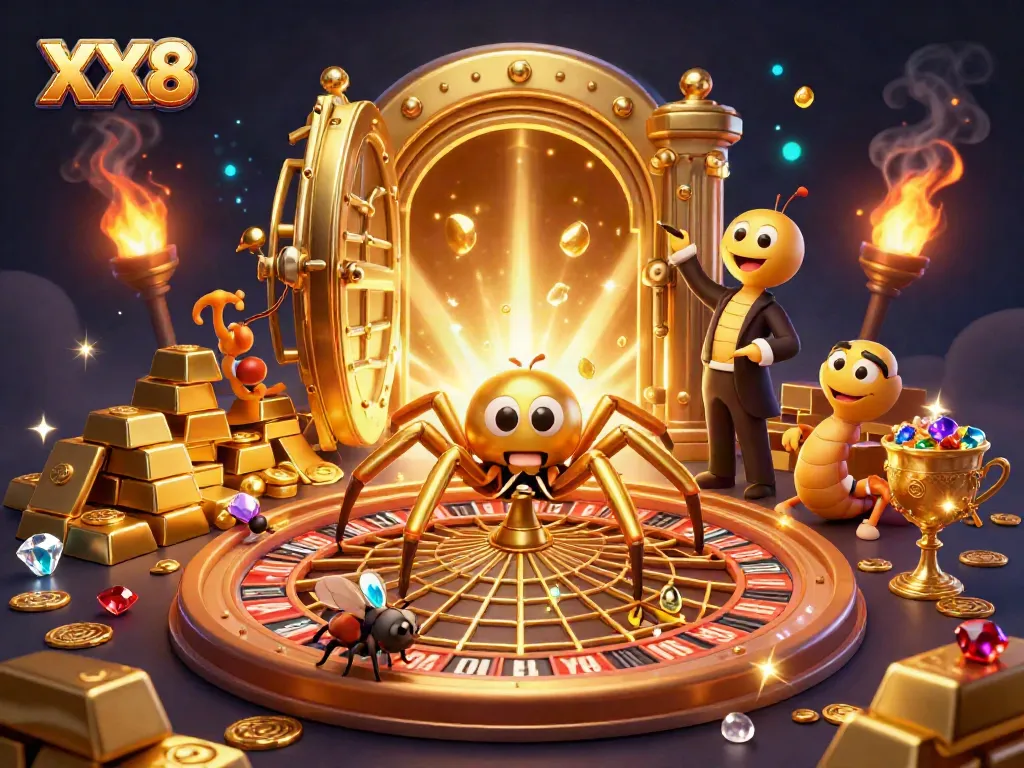 Join the thrilling action in the captivating XX8 casino scene, featuring a golden spider spinning bets in an enchanting roulette web.