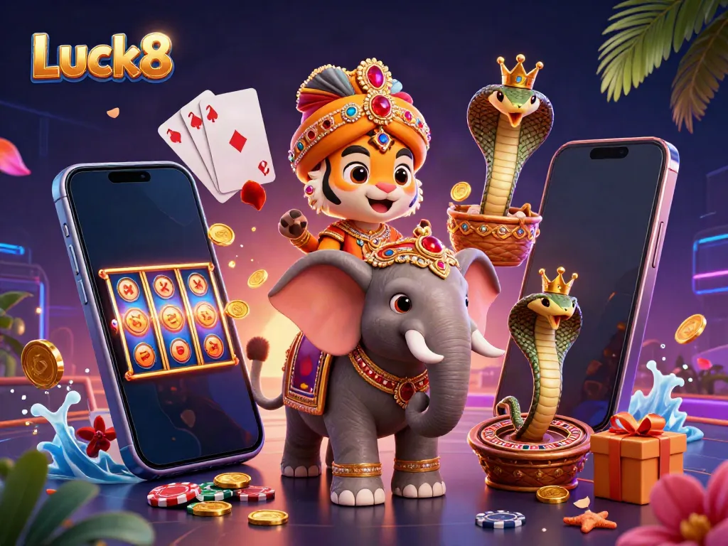 Engage in thrilling games at Luck8 with an exotic scene featuring a tiger prince, elephant, and vibrant casino elements.